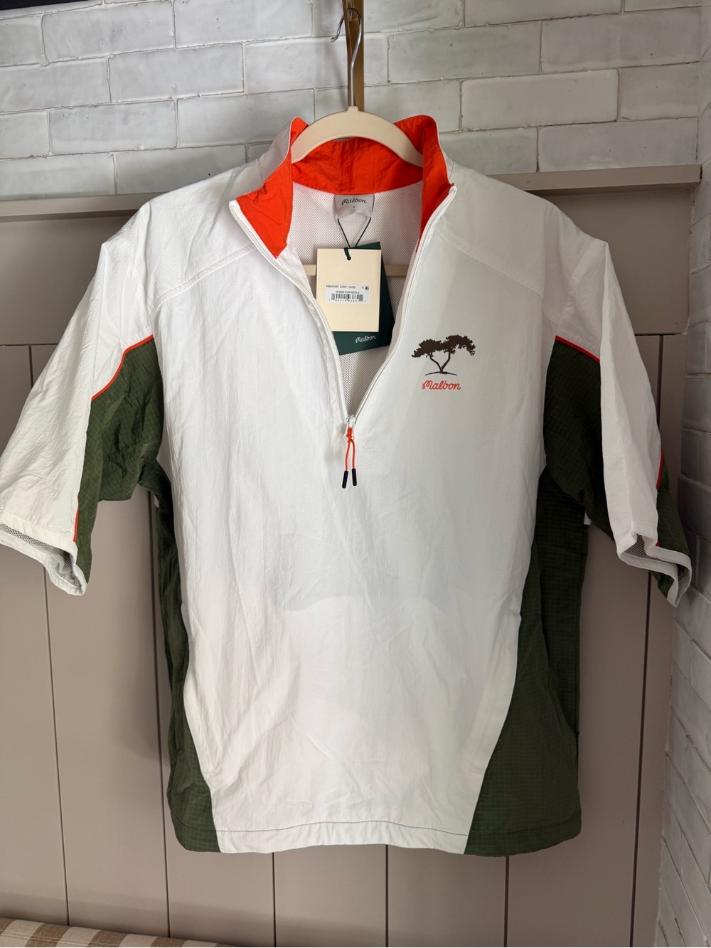 New Malbon Torey Pines White Half-Zip Golf Pullover with Olive & Orange Accents